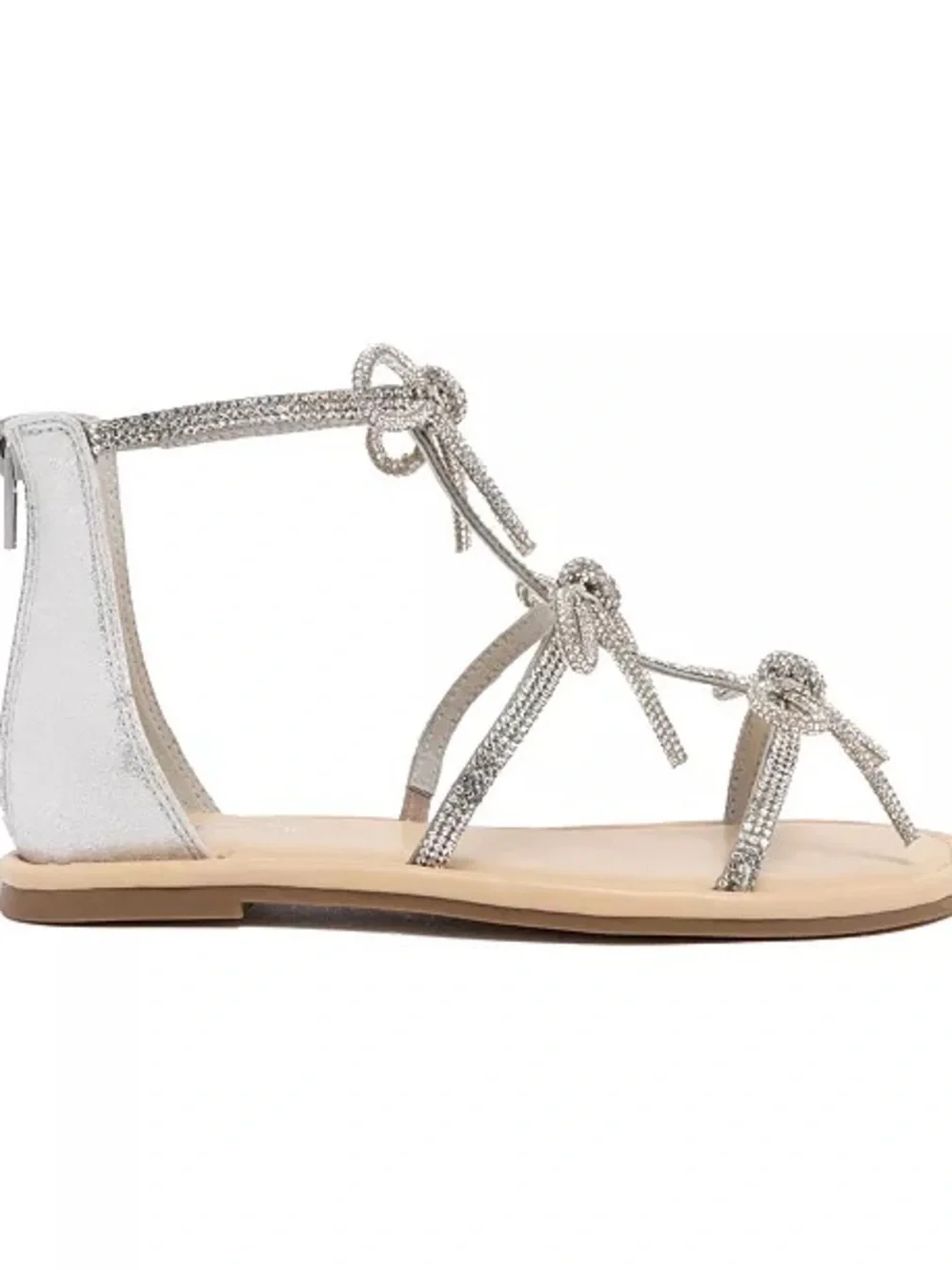 Rhinestone Bow T-Strap Leather Flat Sandals in Silver - Sugar NIB 13